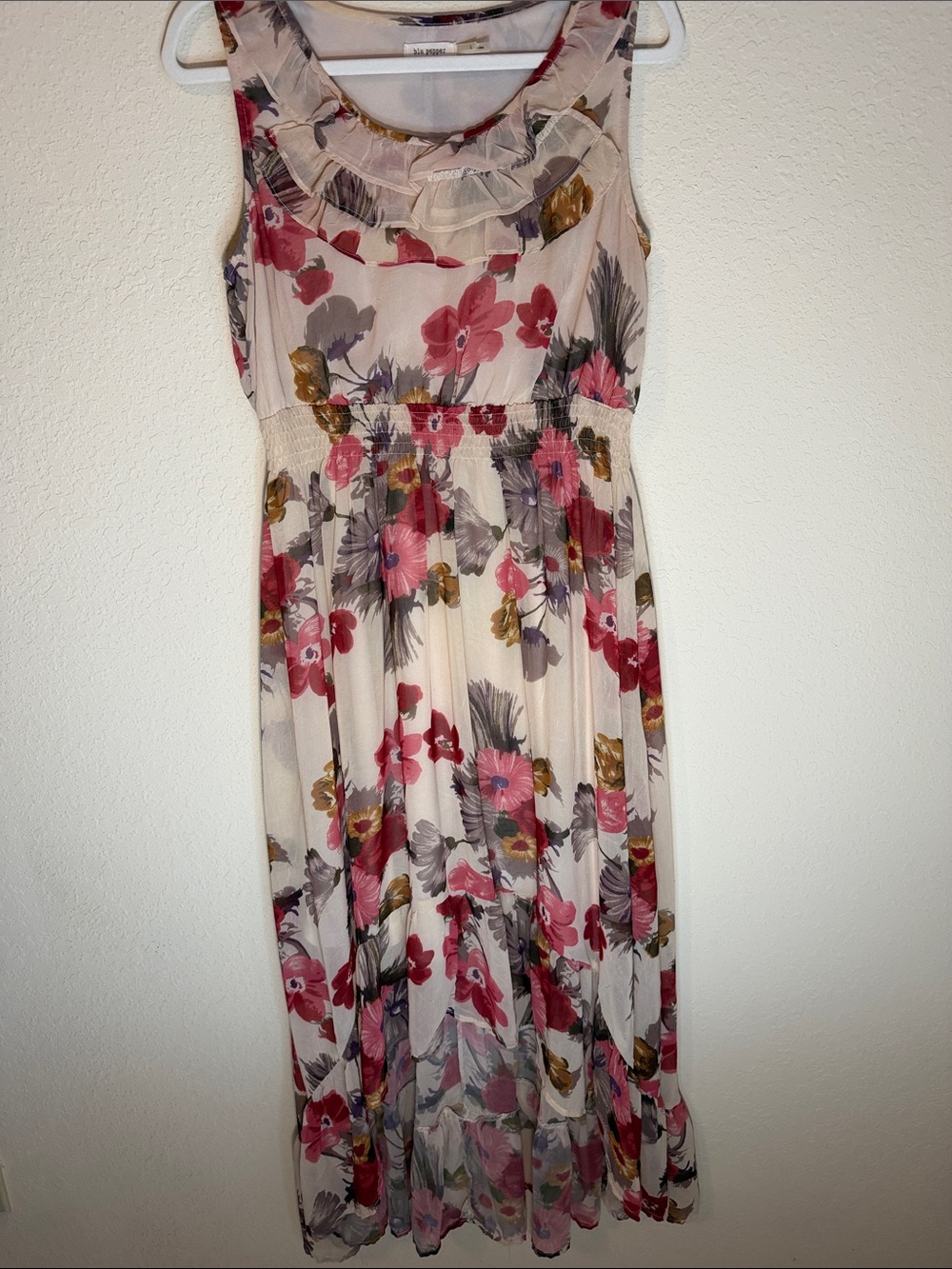 Blu Pepper Cream Floral Sleeveless Dress with Pink and Gold Accents